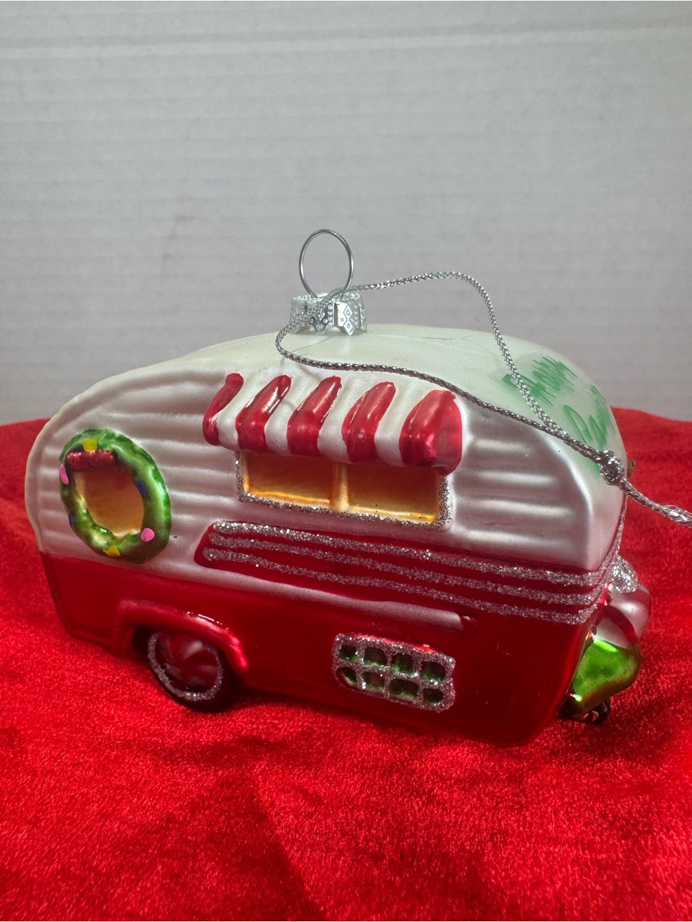 Festive Red and White Camper Holiday Ornament with Green Accents
